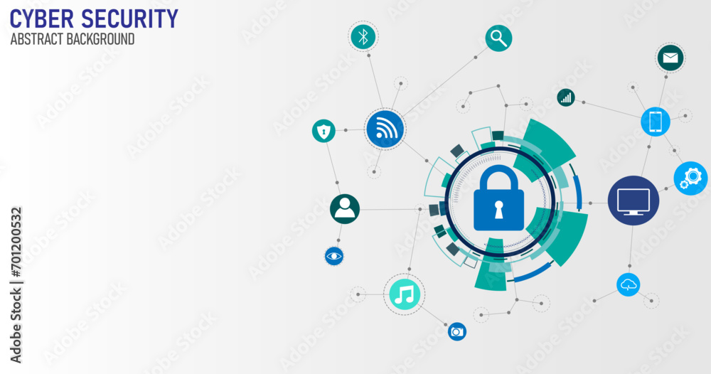 Poster Cyber technology security, Hi-tech vector illustration with various technology elements. Digital internet communication on white. Internet Protection concept design background.