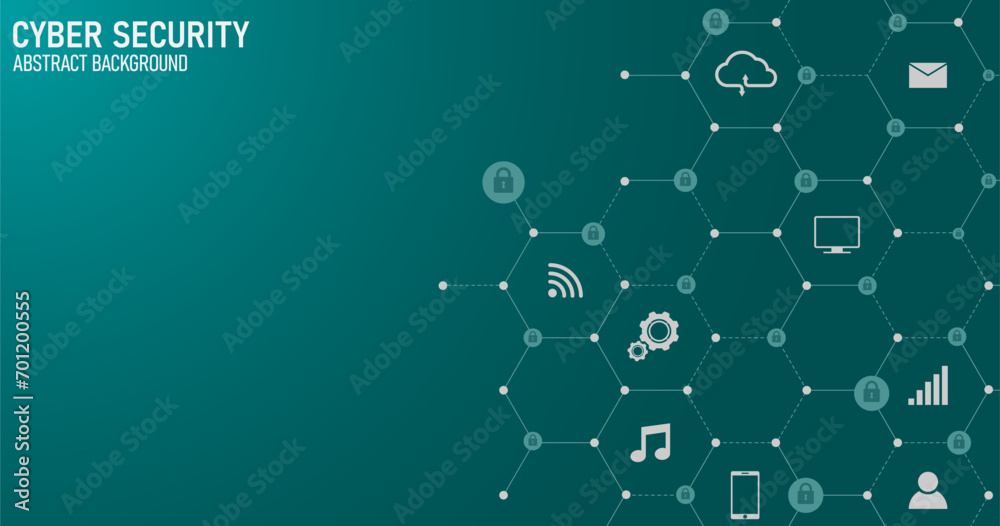 Poster Cyber technology security, Hi-tech vector illustration with various technology elements. Digital internet communication on green. Internet Protection concept design background.