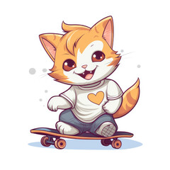 Cute cat cartoon character happily skateboarding on white background, for sticker or t-shirt design