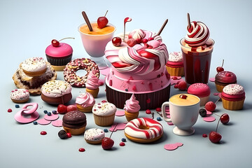 3d illustration set of the cake, ice cream, panna cotta, bubble tea, donut, cup of coffee, chocolate, candy, , generative ai