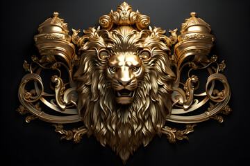 golden coat of arms with a lion and palm branches on a dark background, generated ai - obrazy, fototapety, plakaty