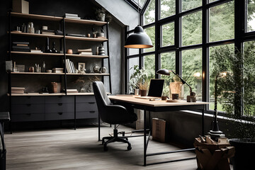Trendy workplace with wooden  table in home scandi interior, generative ai