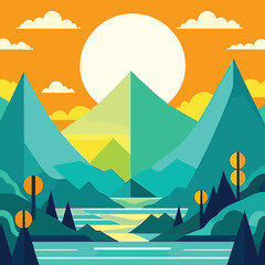 Vector wallpaper with a landscape, a mountain majestic mountain range, sunrise and sunset in mountains