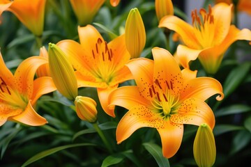 Brightly orange lily flowers. Beautiful flowers with orange petals.