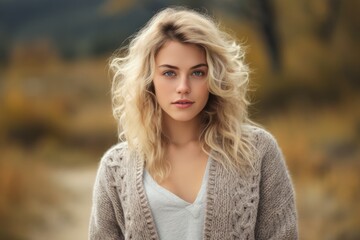 Young blonde woman smiling at the park.