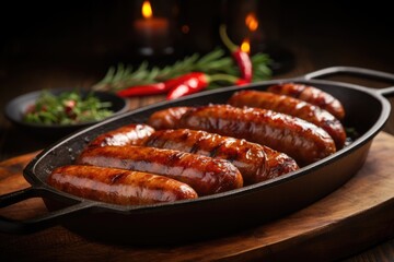 Sausages on the grill pan on the wooden table.