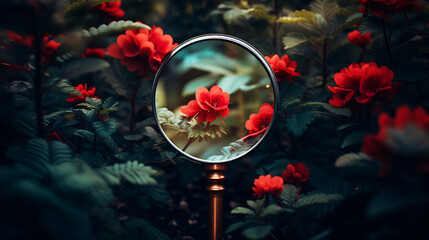 
A magnifying glass and plants combine to create perfect beauty, in the magnifying glass there are red flowers blooming