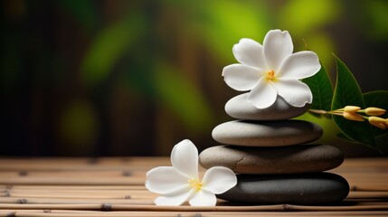 Stack of pebble stones and Jasmine flower symbol of harmony balance and mind in yoga and spa zen relaxation massage.