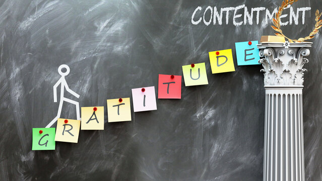 Gratitude leads to Contentment - a metaphor showing how gratitude makes the way to reach desired contentment. Symbolizes the importance of gratitude and cause and effect relationship.,3d illustration