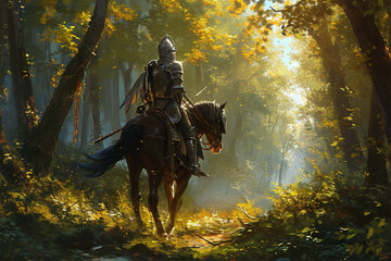 forest horse knight illustration - obrazy, fototapety, plakaty