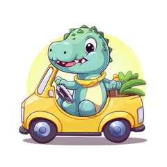 Fotobehang Cute dinosaur cartoon character happily driving a car, wearing summer clothes on white background, for sticker or t-shirt design © boxstock production