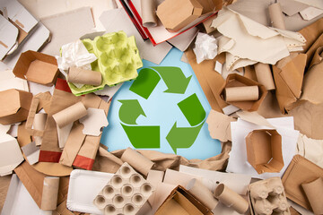 Eco education. Paper garbage. Paper stuff for recycle on blue background. Eco friendly concept. Recyclable paper waste: cardboard, craft paper, egg carton, disposable cup. Zero waste. Copy space - 701201978