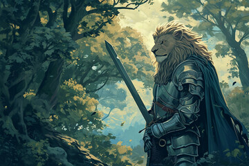 illustration of the jungle lion knight - obrazy, fototapety, plakaty
