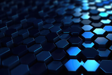 Hexagonal geometric ultra wide background. Abstract blue of futuristic. Sci fi banner, cover. 3d render illustration. - obrazy, fototapety, plakaty
