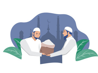 Happy Muslim Portrait people giving donation Zakat to Poor Old Man while Ramadan Month Islamic obligation of donation and charity flat style vector illustration