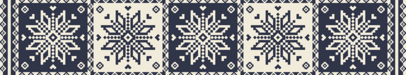 Folk embroidery cross stitch floral rug pattern. Vector ethnic blue-white embroidery geometric floral pattern. Folk floral embroidery pattern use for border, table runner, tablecloth, carpet, rug, etc - obrazy, fototapety, plakaty