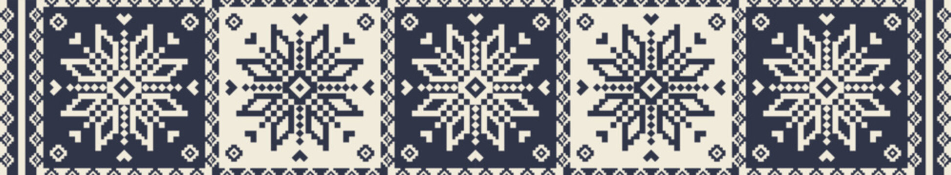 Folk embroidery cross stitch floral rug pattern. Vector ethnic blue-white embroidery geometric floral pattern. Folk floral embroidery pattern use for border, table runner, tablecloth, carpet, rug, etc