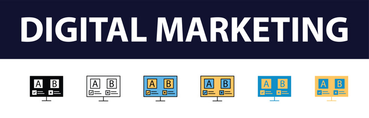 Dynamic Digital Presence: Comprehensive Set of Digital Marketing Color Fill and Line Icons - Website, SEO, Social Media, Online Advertising, Mail, Content, Strategy, Target, Feedback