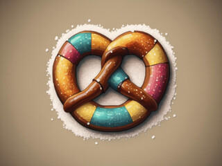 Colorful Pixel Art - Retro pretzel with salt in warm earthy tones, displayed as a colorful mosaic grid with a retro computer graphics twist Gen AI