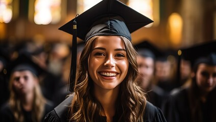 Portrait of a smiling female graduate in cap and gown looking at camera