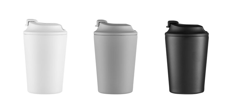 white, grey and black thermo coffee mug mockup isolated on white background