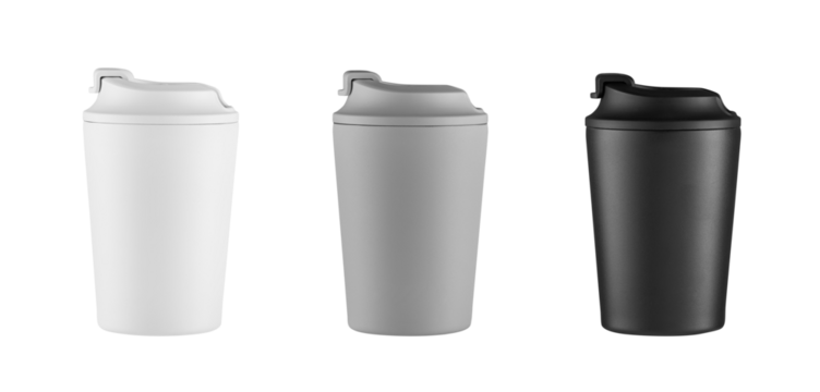 white, grey and black thermo coffee mug mockup isolated on white background