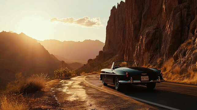 Fototapeta A matte black convertible winds through a canyon, friends laughing as the sun sets behind rugged cliffs.