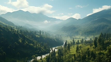 Green valley in high rocky mountains, landscape panoramic view.