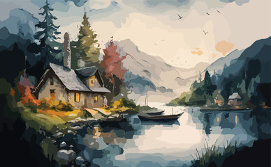 watercolor landscape with lake house design, illustration, watercolor painting design