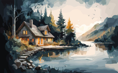 Fototapeta premium watercolor landscape with lake house design, illustration, watercolor painting design