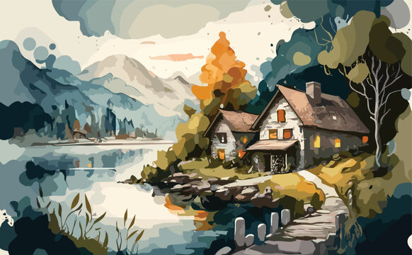 watercolor landscape with lake house design, illustration, watercolor painting design