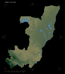 Republic of the Congo shape isolated on black. Physical elevation map