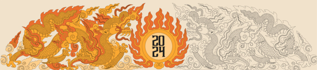 Happy new year 2024, Year of the dragon, Happy lunar new year 2024, Vietnamese Dragon Illustration. 