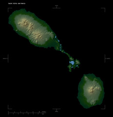 Saint Kitts and Nevis shape isolated on black. Physical elevation map