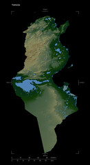 Tunisia shape isolated on black. Physical elevation map