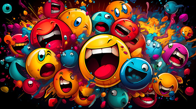 Funny absurd smileys silly looking and laughing in a comic way. - Powered by Adobe