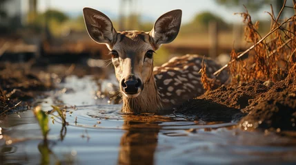 Fotobehang deer in the water © Kanchana