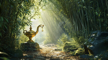 Enchanted genie emerging from an enchanted, lantern-shaped golden lamp in a bamboo forest,