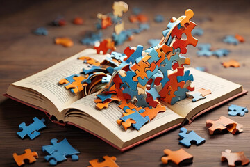 Moving puzzle from book Symbolizes dyslexia concept. Ideal for educational visuals, understanding learning differences. - obrazy, fototapety, plakaty