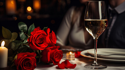 A well dressed couple having romantic dinner date at luxury restaurant, red roses and wine on the table with unrecognizable person, celebrating Valentine s day concept.