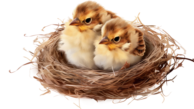 bird nest with two baby birds, isolated on transparent background cutout