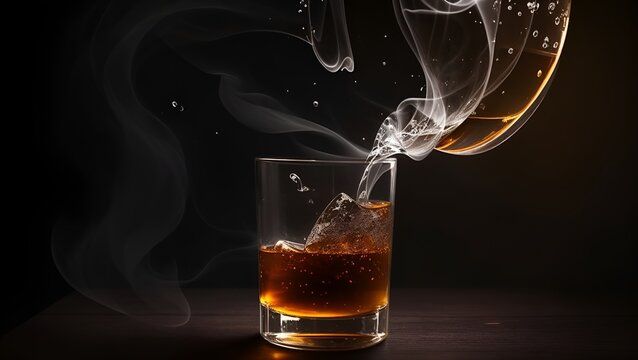 Glass of dark liquid on black background, indoor studio shot. Dark Distilled Beverage in Glass on Black Background