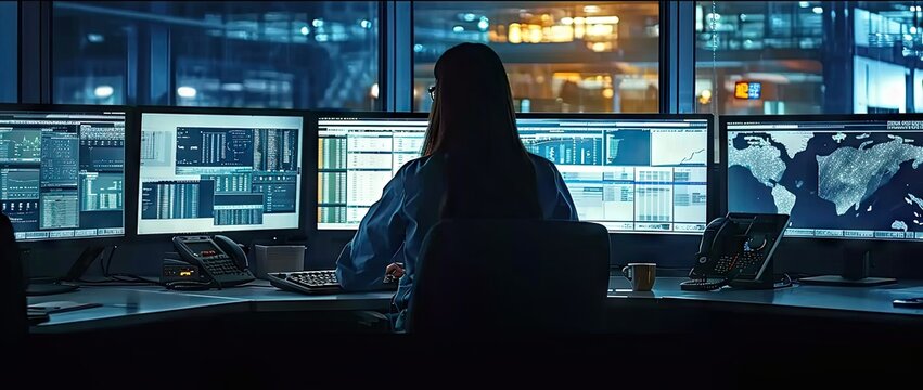 Cybersecurity operations. Professional engineers monitoring information in dark room. Online team. Office setting with data on screens. Government cyber agency. Working on security