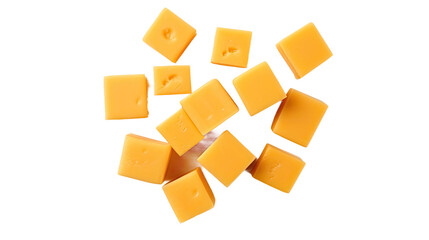 Cheddar cheese cubes isolated on a white background. Top view