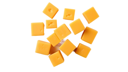Cheddar cheese cubes isolated on a white background. Top view