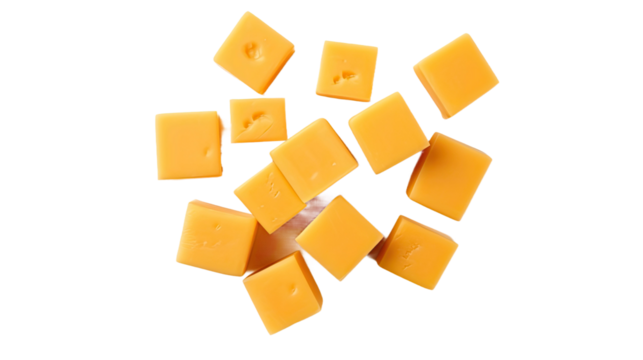 Cheddar cheese cubes isolated on a white background. Top view
