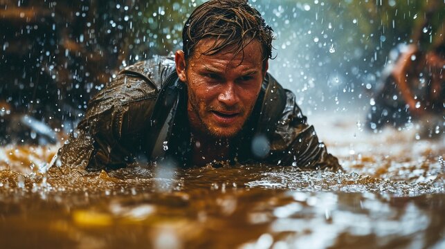 Closeup of strong athletic man crawling in mud