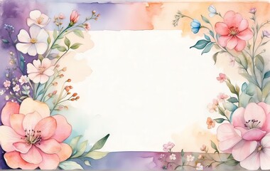 watercolor illustration of a large space for a note with small white and colorful tiny flowers on the left side on a soft pastel background with a hint of floral pattern.