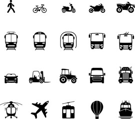 Transport icons set. Public, delivery, travel transport icons. Car, Bus, Tram, Train, Metro, Ship, Plane, Icon Vector illustration.