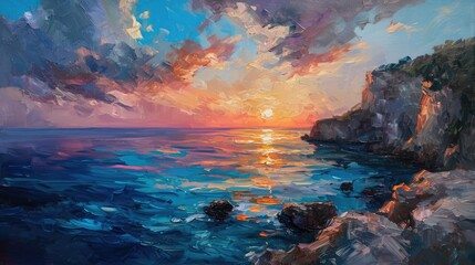 impressionist oil painting, beautiful, dramatic, Puglia Sunset in Italy during Summertime - obrazy, fototapety, plakaty
